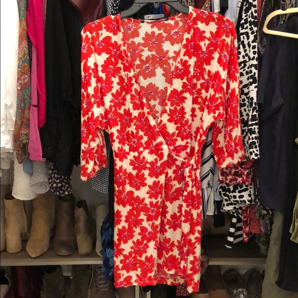 Faux Wrap Dress with Red and Fuschia Flower Detail